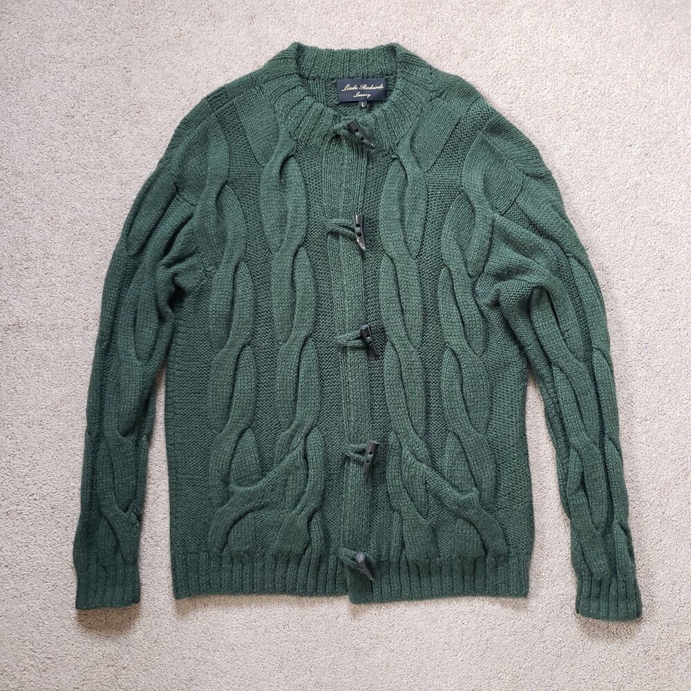 Linda Richard Luxury Knit Cardigan Sweater Hand Made 100% Llama Green Size L